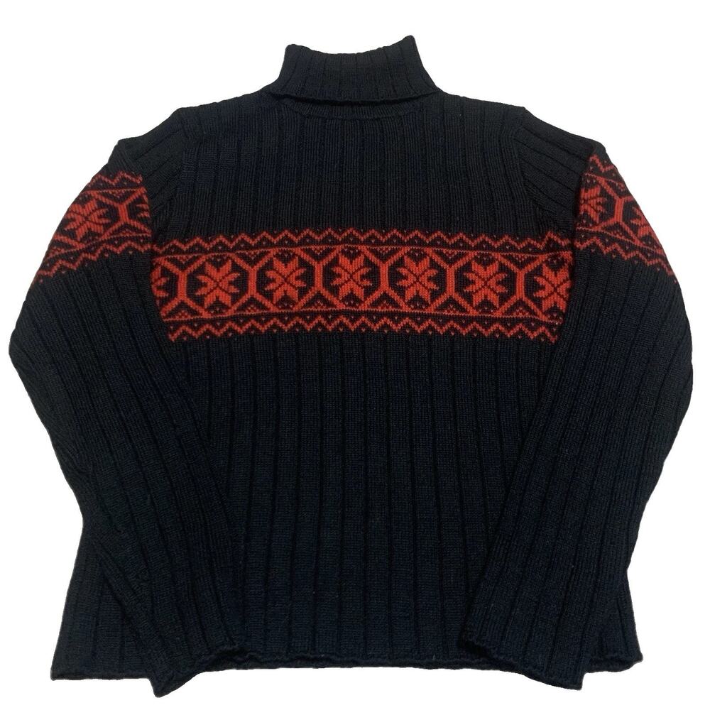 Vintage 90s Fair Isle Turtleneck Sweater Wool Blend Black Red Chunky Knit XL